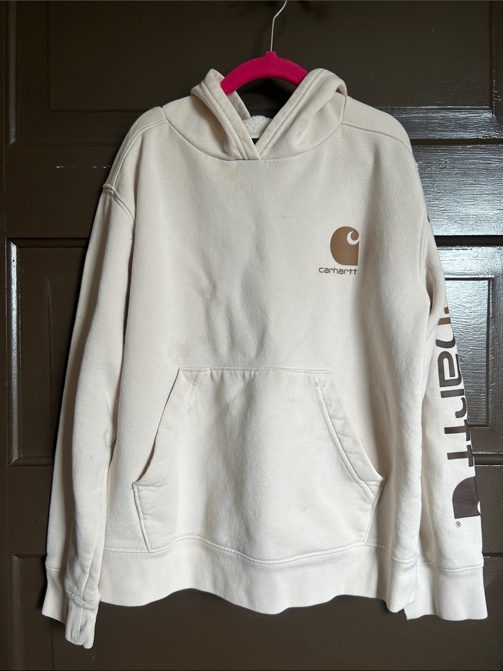 Carhartt Girls Cream Crewneck Hoodie with Brown Logo; size 8-10